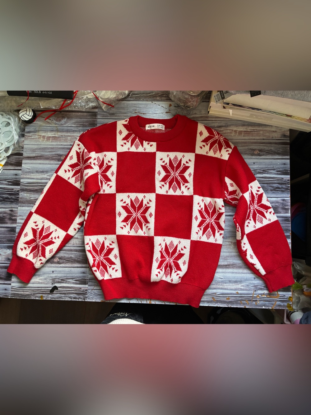 Kids Red and White Snowflake Checker Knit Sweater